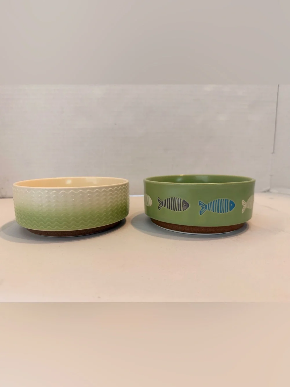 Whisker City Ceramic Cat Bowls Set of 2 – Green Ombre Wave & Green Fish 13oz